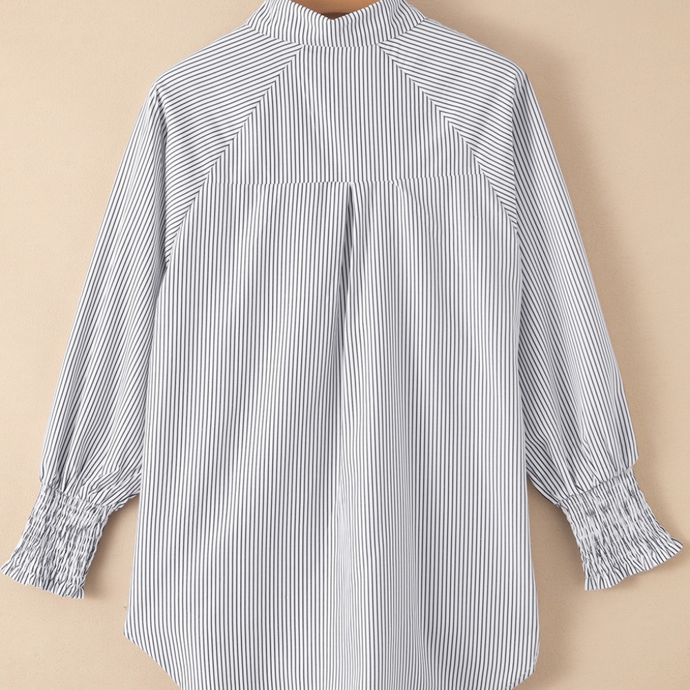 Smocked Cuffed Striped Boyfriend Shirt with Pocket - Picture 8 of 14